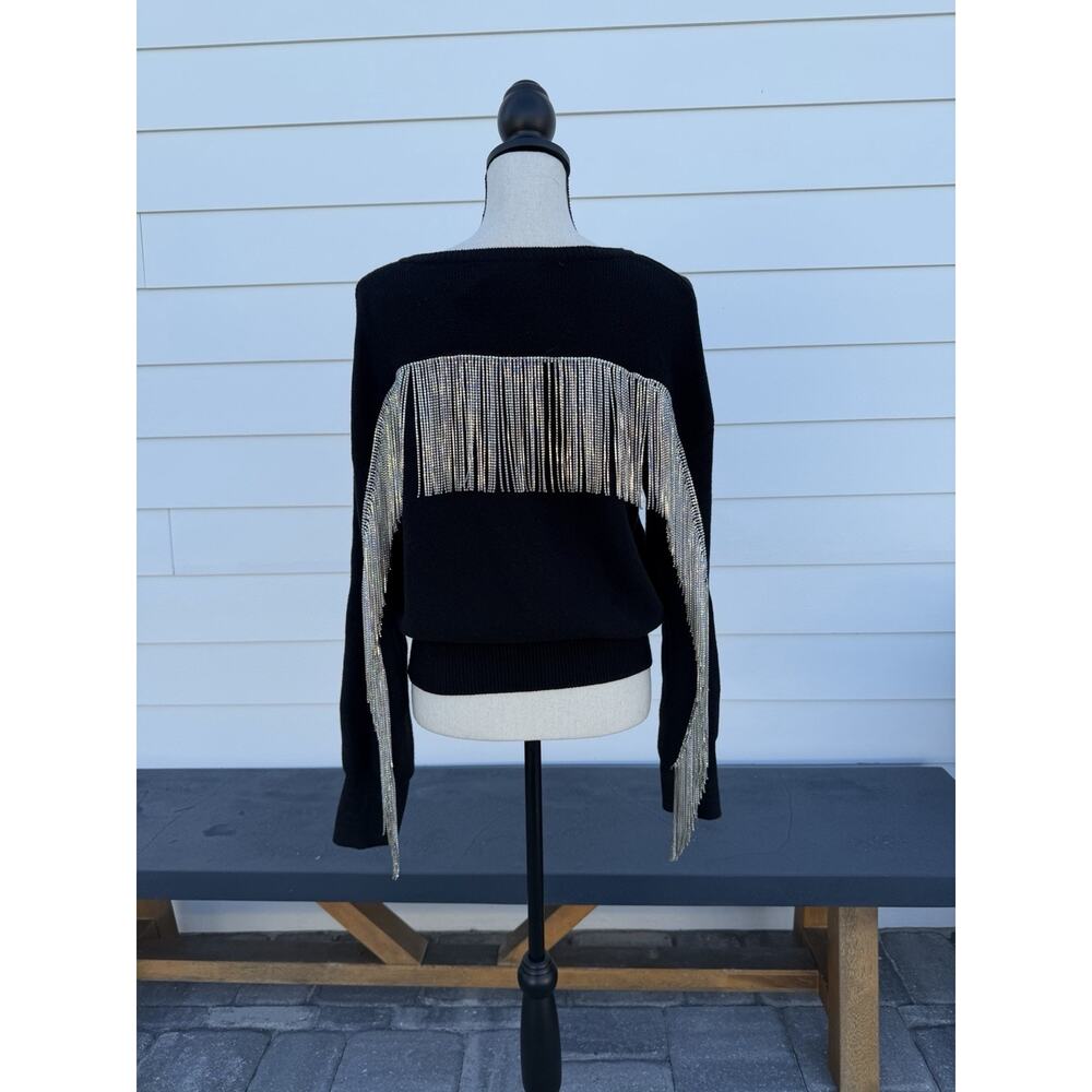 Rhinestone Fringe Cardigan Sweater Black Western Boho Glam Small - Picture 4 of 9